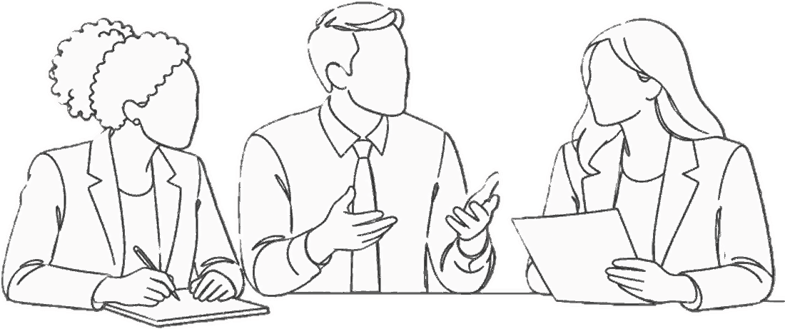 Line drawing of three colleagues at a table: one talks with open hands while the other two listen